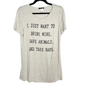 New BLVD Large Cream Heather Drink Wine Save Animals Tee Modal Stretch Side Slit